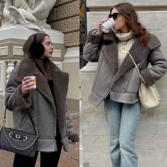 ZARA Double Faced Sherpa Grey Oversized Biker Jacket Size M - Picture 2 of 13